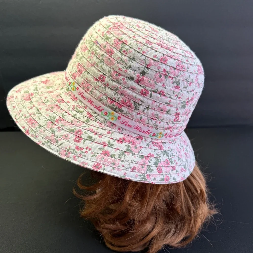 SeaWorld Floral Sun Hat Adult OS Pink White Braided 100% Cotton Wide Brim Beach